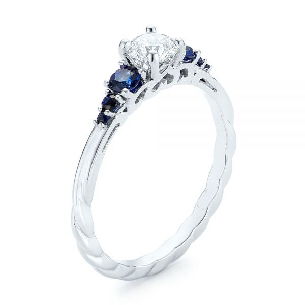 Custom Blue Sapphire And Side Stone Diamond Engagement Ring - EC084 With 0.19 Carat Marquise Shape Natural Diamond