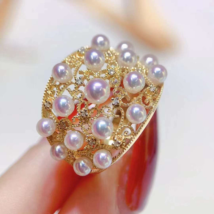 3.5-4.0mm Akoya Pearl With Vintage Diamond Ring - TS025 - Roselle Jewelry