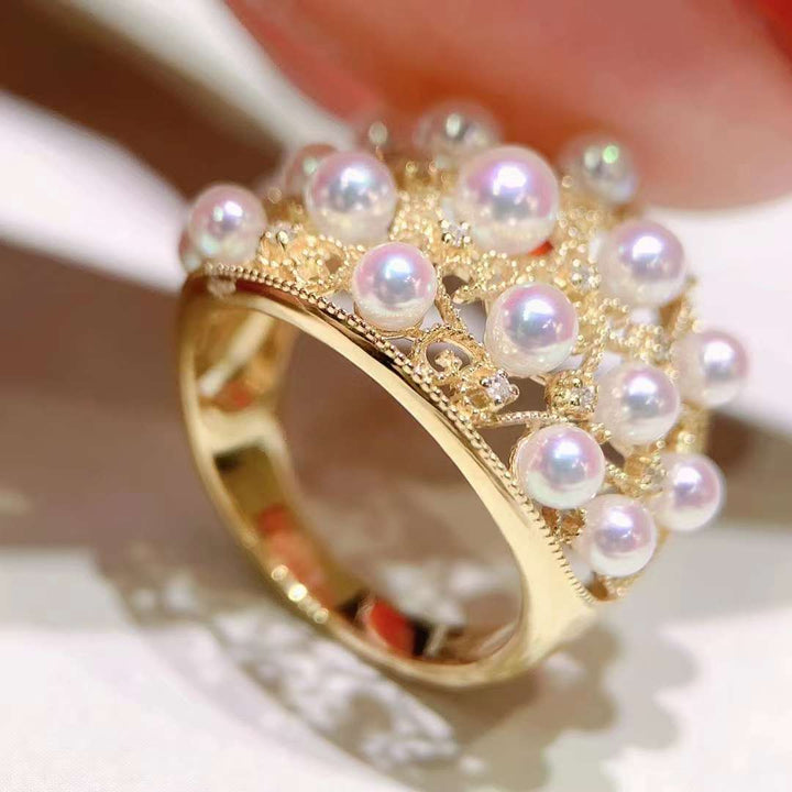 3.5-4.0mm Akoya Pearl With Vintage Diamond Ring - TS025 - Roselle Jewelry