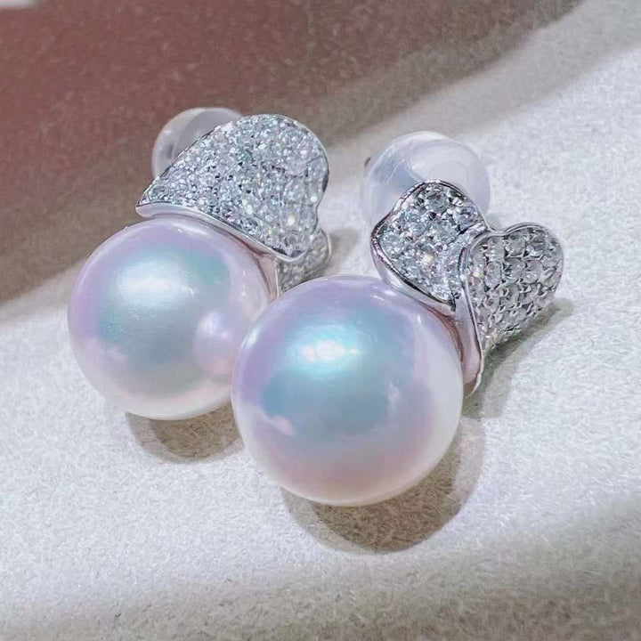 18K White Gold Akoya White Pearl With Diamond Earrings - TS031 - Roselle Jewelry