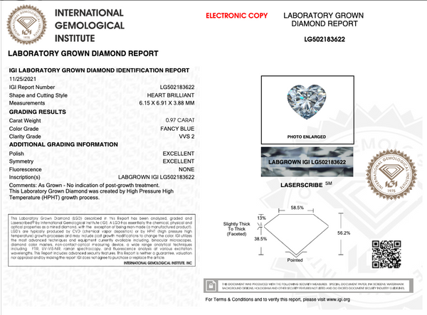 0.97CT Heart Fancy Blue VVS2 EX EX NONE - LG502183622 - Roselle Jewelry