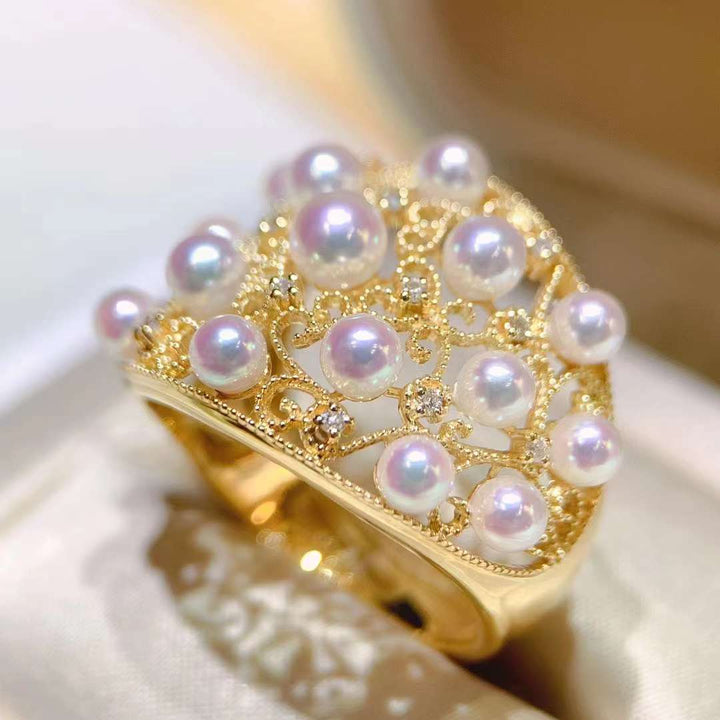 3.5-4.0mm Akoya Pearl With Vintage Diamond Ring - TS025 - Roselle Jewelry